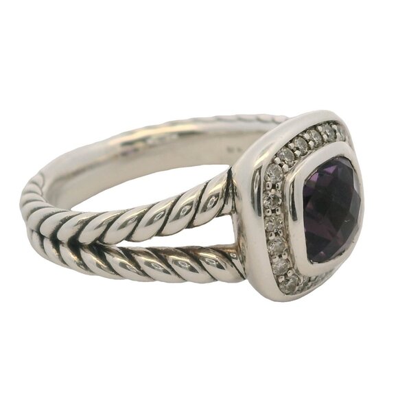 David Yurman 925 Sterling Silver Petite Amethyst Albion Ring Diamond Halo Size 7 - Picture 3 of 6